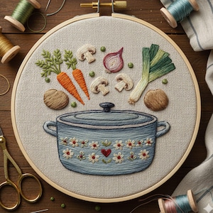 Puede incluir: Arte de aro bordado con una olla azul con un diseño floral y un corazón rojo. El diseño incluye zanahorias, champiñones, una cebolla, puerros y otras verduras. El bordado está en un aro de madera.