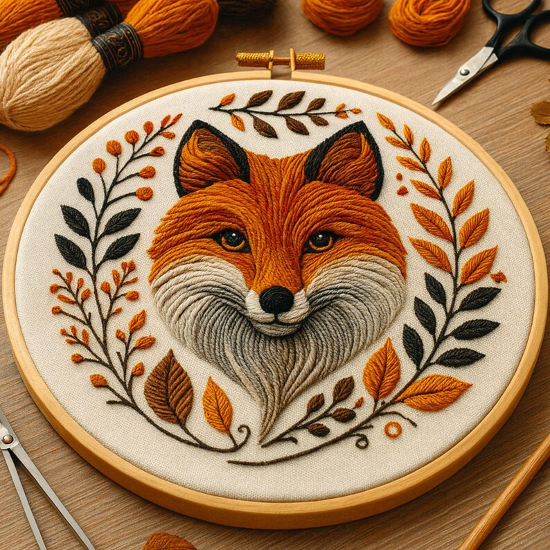 Autumn Fox Floral Embroidery Pattern • Modern Hand Embroidery Design ...