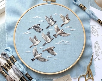 Fliegende Vögel Stickmuster, Modernes Natur Design Stickmuster, Stickrahmen (PDF Download)