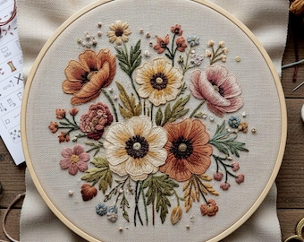 以下が含まれることがあります： 木製のフレームに収められた刺繍の花のデザイン。花はオレンジ、ピンク、クリーム色で、緑の葉があります。刺繍はベージュの布に施されています。フレームは真鍮のネジで固定されています。