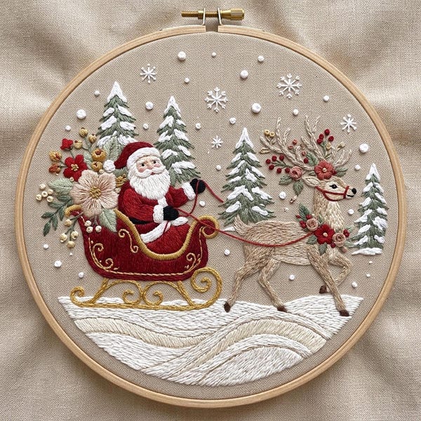 Santa Sleigh Hand Embroidery Pattern, Christmas Reindeer Winter Hoop Art, Holiday Digital Download