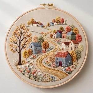 Pode incluir: Um bastidor de bordado circular contendo um painel de tecido com uma cena de paisagem costurada. O design apresenta um caminho dourado sinuoso que leva através de uma vila de pequenas casas, cercado por árvores de outono e flores.