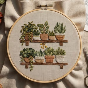 May include: An embroidery hoop featuring a detailed, hand-stitched design of potted plants on wooden shelves. The plants are in various shades of green and brown, with the pots in neutral tones. The hoop is set against a beige fabric background.