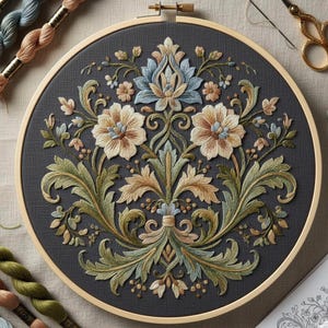 May include: A detailed embroidery hoop featuring a floral design in shades of beige, blue, and green on a dark gray fabric. The design includes flowers, leaves, and intricate patterns, set within a wooden hoop. Embroidery thread and scissors are visible.