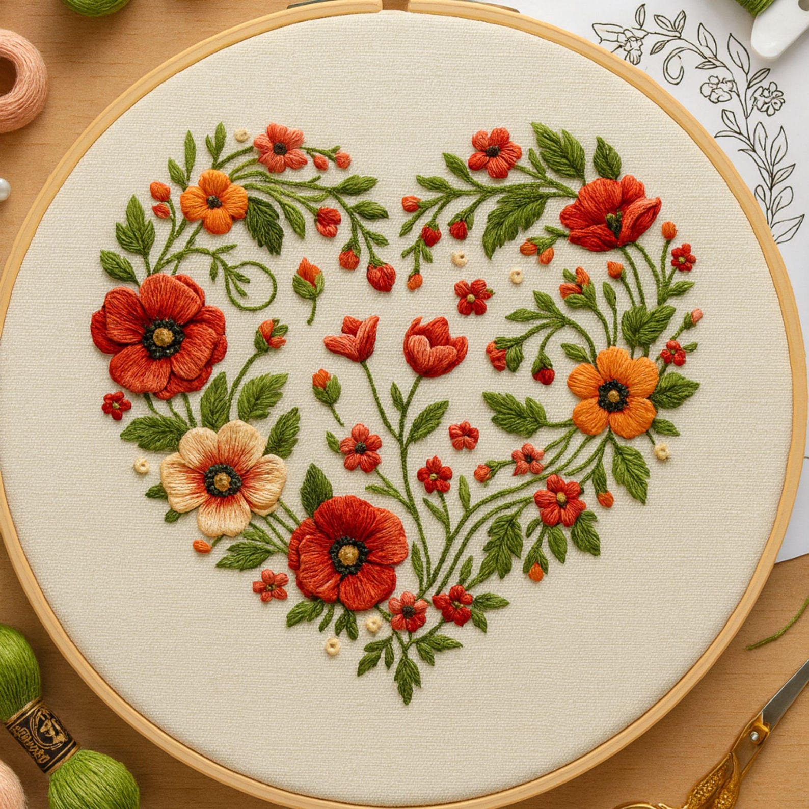 Heart Floral Wreath Hand Embroidery Pattern – Vintage Flower Hoop Art ...