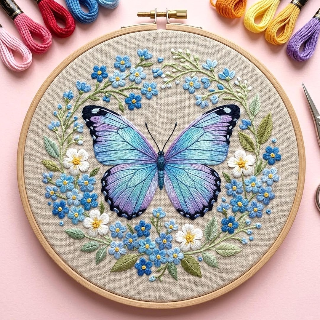 Blue Butterfly Floral Wreath Embroidery Pattern, Botanical Hoop Art ...