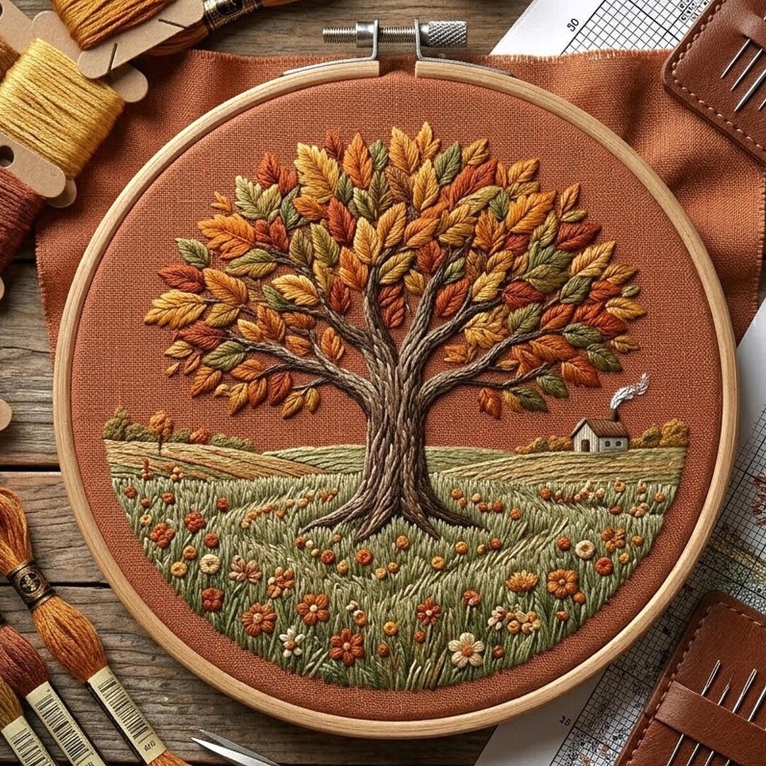 Autumn Tree Embroidery Pattern, Rustic Landscape Hoop Art, Meadow ...