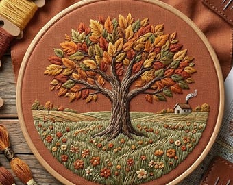Patrón de bordado de árbol otoñal, arte rústico de paisaje en bastidor, flores de pradera (patrón en PDF)
