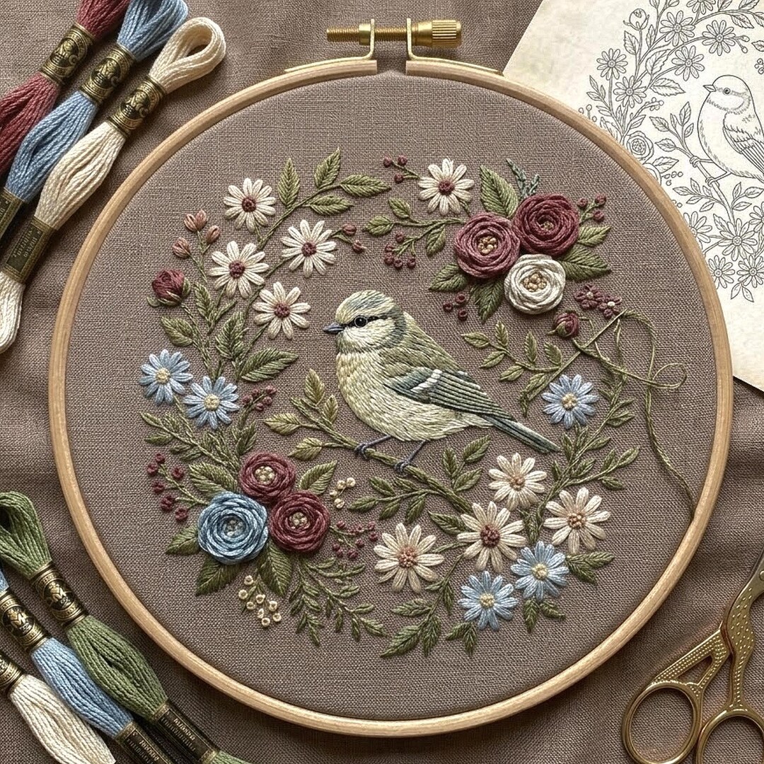 Vintage Bird Floral Wreath Embroidery Pattern, Botanical Hoop Art ...