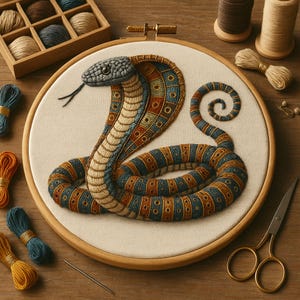 May include: An embroidered cobra snake in a wooden hoop. The snake is detailed with blue, orange, and beige thread. The embroidery is on a cream-colored fabric. Sewing supplies, including thread and scissors, surround the hoop.