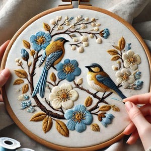 Puede incluir: Arte de bordado en aro con dos pájaros azules posados en una rama con delicadas flores blancas y azules. Los pájaros están rodeados de hojas y ramas doradas.