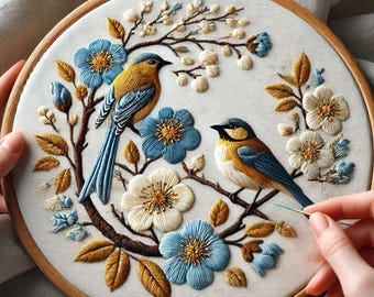 Patrón de bordado de pájaros y flores, arte DIY (PDF digital)