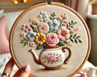 Vintage Teapot Floral Embroidery Design: DIY Art Decor (PDF Pattern)