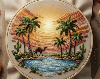 Desert Oasis Camel Hand Embroidery Pattern – Sunset Landscape Hoop Art, Beginner Friendly PDF Download