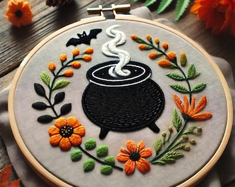 Floral Cauldron Hand Embroidery Pattern, Autumn Embroidery Pattern, Halloween Pattern, Hand Embroidery, Hand Embroidery PDF, Beginner, DIY