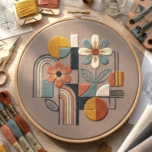 Può includere: Un telaio da ricamo circolare in legno contenente un pannello di tessuto beige con un motivo floreale geometrico. Il ricamo presenta fiori stilizzati, archi e cerchi nelle tonalità giallo senape, verde salvia, terracotta e grigio antracite.
