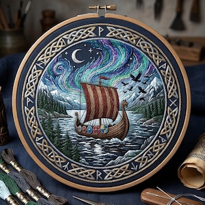 Viking Ship Embroidery Pattern, Nordic Aurora Hoop Art, Scandinavian Design (PDF Download)