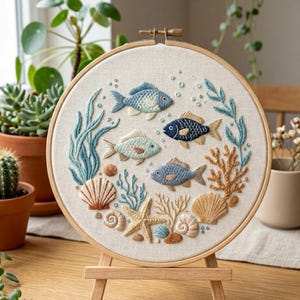 Pode incluir: Um bastidor de bordado circular de madeira contendo um painel de tecido com uma cena subaquática costurada à mão. O design apresenta quatro peixes em tons de azul e creme, rodeados por algas, corais, conchas e uma estrela-do-mar bordados.