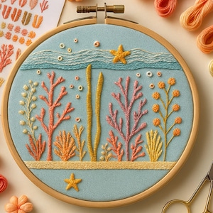 May include: An embroidery hoop featuring an underwater scene with coral, starfish, and bubbles. The design uses various shades of orange, pink, yellow, and blue thread on a light blue fabric. The wooden hoop is visible.