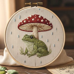 May include: An embroidered hoop art piece featuring a green frog under a red mushroom with white spots. The frog is detailed with textured stitching, and the background is a neutral fabric. Raindrops are embroidered around the mushroom.