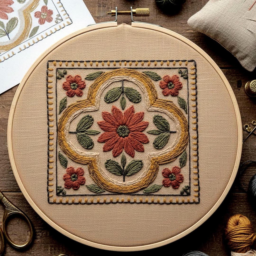 Geometric Floral Hand Embroidery Pattern | Vintage Square Botanical ...