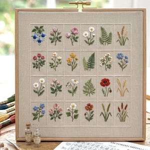 Botanical Sampler Embroidery Pattern, Floral Grid Design, Vintage Flower Collection, Hand Embroidery PDF
