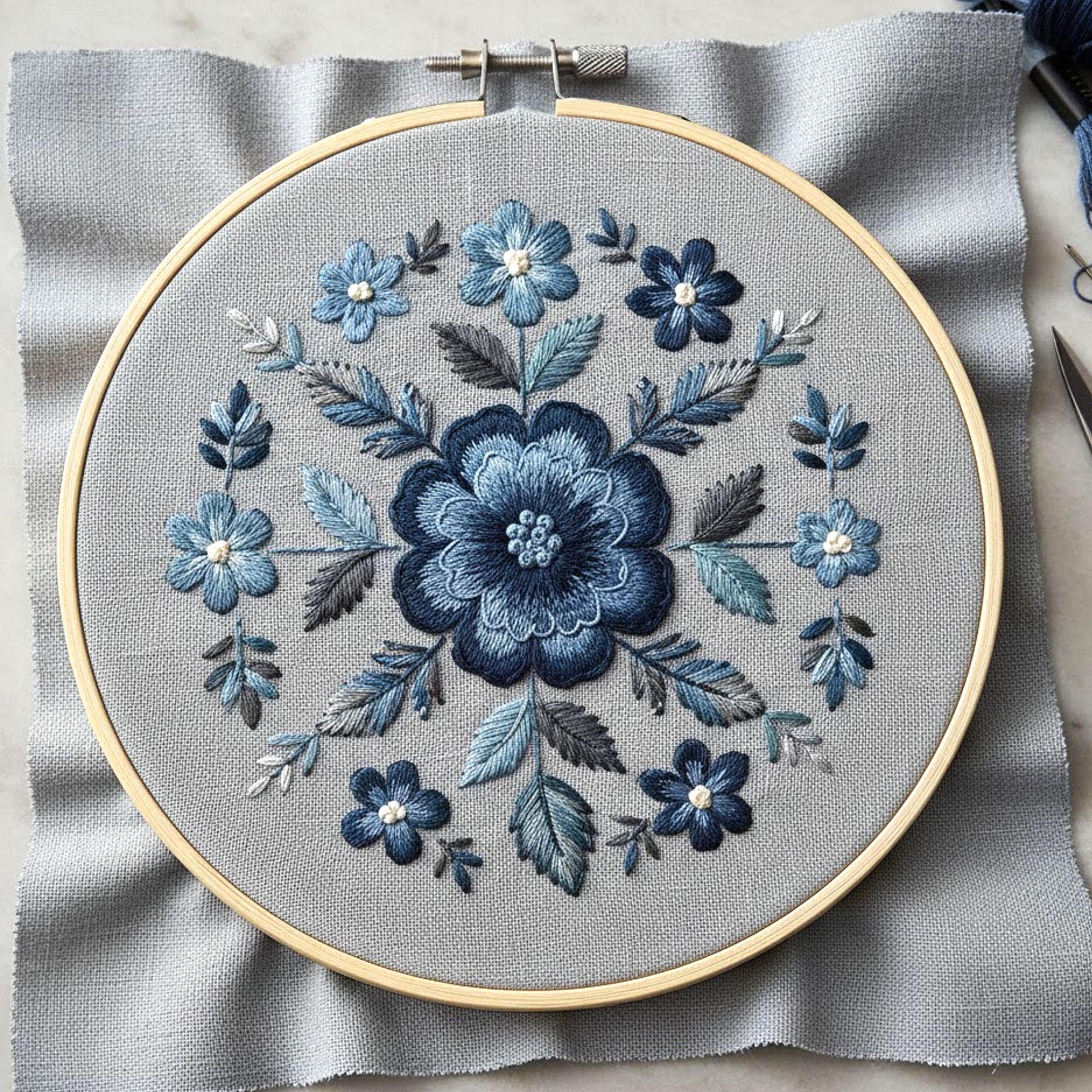 Blue Floral Wreath Embroidery Pattern, Scandinavian Botanical Hoop Art ...