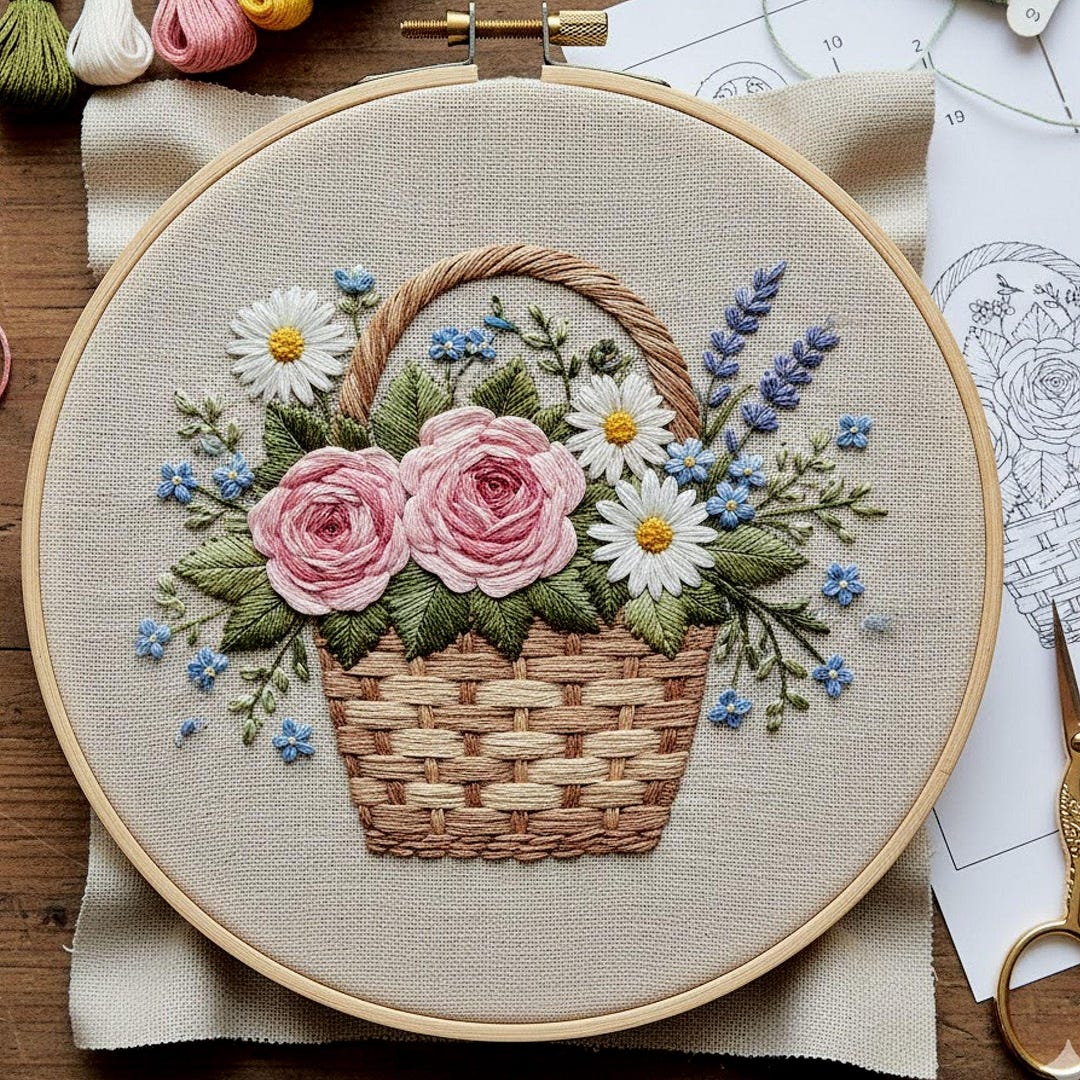 Floral Basket Embroidery Pattern, Romantic Flower Hoop Art (digital ...