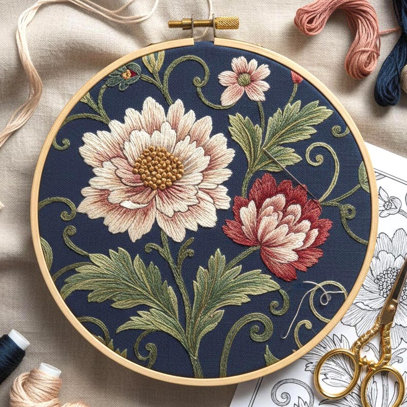 Vintage Floral Embroidery Pattern, Botanical Hand Embroidery Hoop Art ...