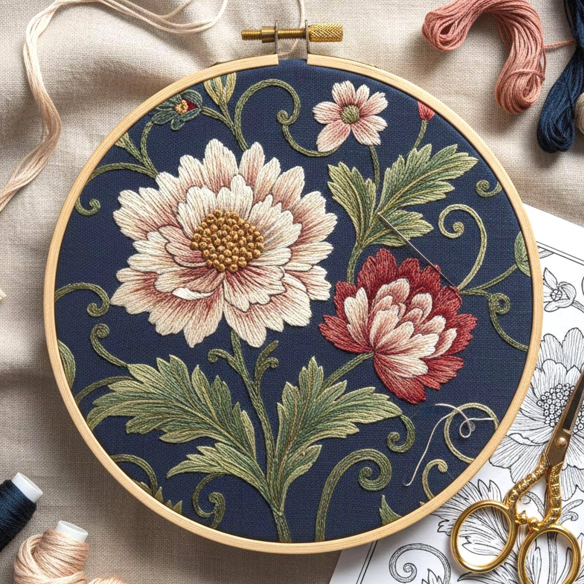 Vintage Floral Embroidery Pattern, Botanical Hand Embroidery Hoop Art ...