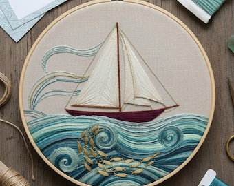 刺繍チャーム 帆船デザイン 古い帆船の手刺繍パターン、海賊船、海の刺繍パターン、ビーチの刺繍