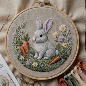 Puede incluir: Arte de aro de conejo bordado con un conejo gris rodeado de zanahorias naranjas, hierba verde y flores coloridas. El bordado está colocado en un aro de madera. Se ven una aguja, unas tijeras e hilo de bordar.