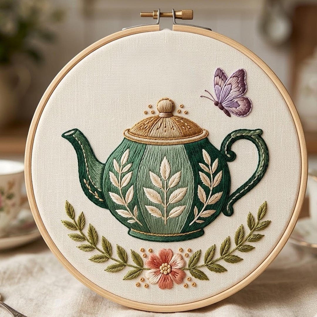 Botanical Teapot Embroidery Pattern, Vintage Floral Kitchen Hoop Art ...