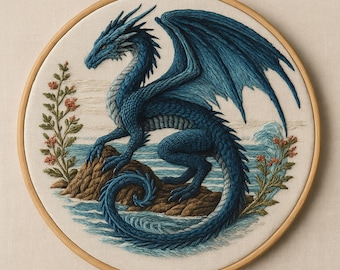 Blue Dragon Embroidery Pattern • Fantasy Hoop Art (Digital Download)