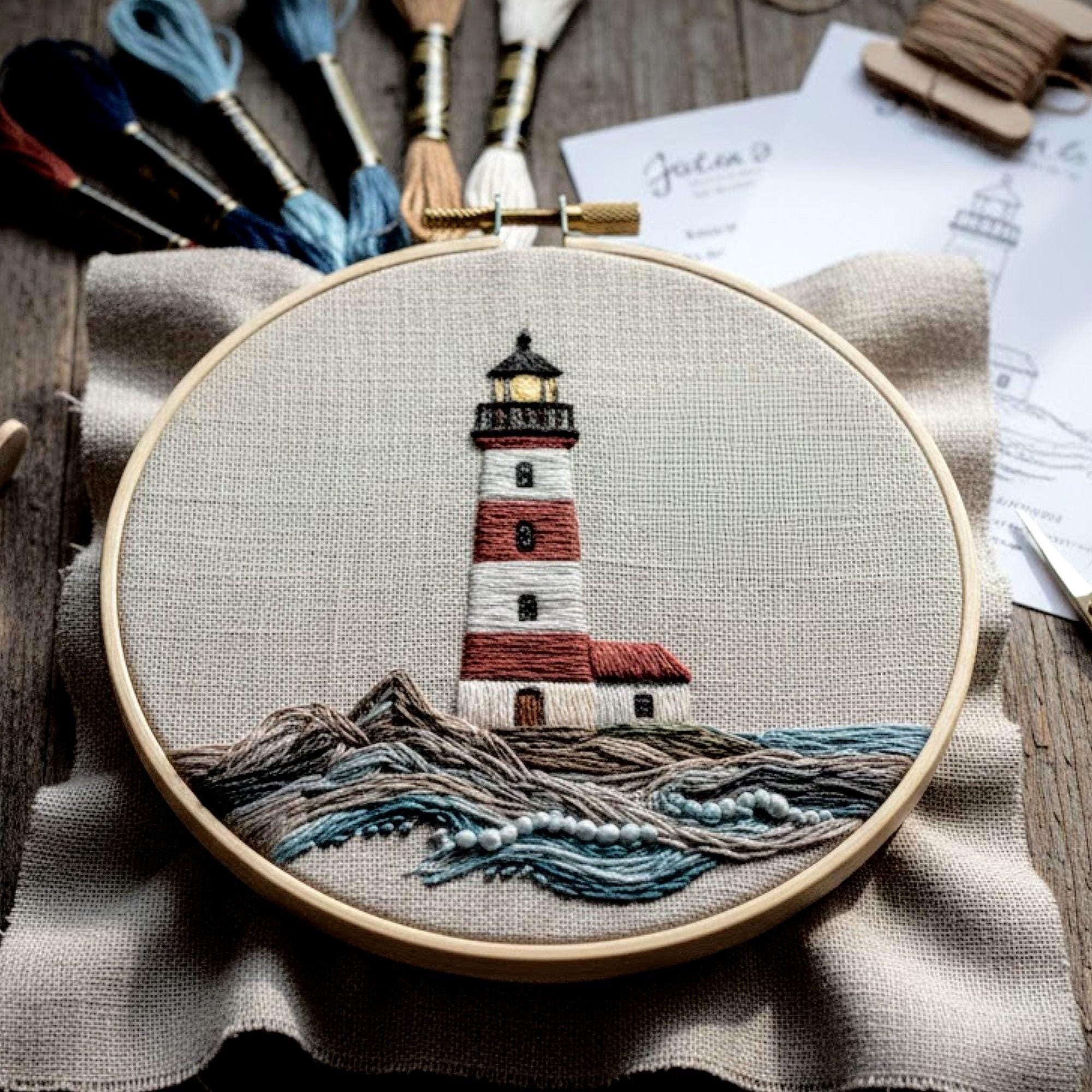 Vintage Lighthouse Hand Embroidery Pattern, Coastal Nautical Hoop Art ...