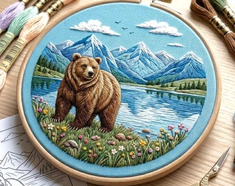 Schema per ricamo di un paesaggio con orso di montagna, arte naturalistica con animali selvatici (download PDF)