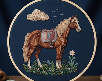 Hästbroderimönster på mörkblått tyg – Vintage handbroderibågekonst PDF