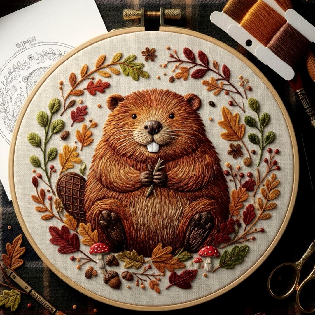 Woodland Beaver Embroidery Pattern, Autumn Animal Hand Embroidery ...