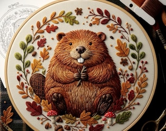 Motivo per ricamo di castori dei boschi, disegno per ricamo a mano di animali autunnali, arte con telaio a forma di natura autunnale