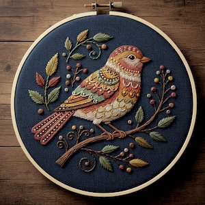 May include: An embroidered bird in a wooden hoop. The bird is depicted with detailed stitching in shades of orange, yellow, green, and red. It is perched on a branch against a dark blue fabric background. The hoop is made of wood.