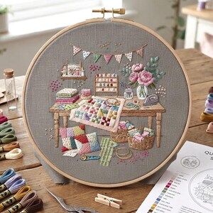 Könnte beinhalten: Ein runder Stickrahmen aus Holz mit grauem Stoff, der eine detaillierte Stickerei eines Bastelzimmers zeigt. Das Motiv umfasst einen Holztisch, einen Patchwork-Quilt, eine Vase mit rosa Blumen, Garnrollen, Körbe und bunte Wimpelketten.