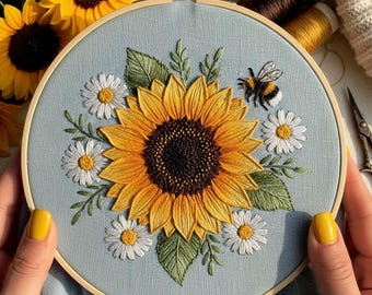 Patrón de bordado a mano de girasol y abeja, diseño de aro floral, bordado natural para principiantes