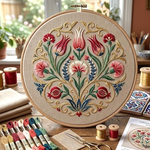 May include: A circular wooden embroidery hoop containing beige fabric with a symmetrical floral design featuring red and pink tulips, carnations, and pomegranates, accented with gold, blue, and green thread embroidery in a detailed botanical pattern.