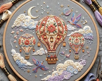 Floral Hot Air Balloon Embroidery Pattern, Whimsical Sky Hoop Art (PDF Download)