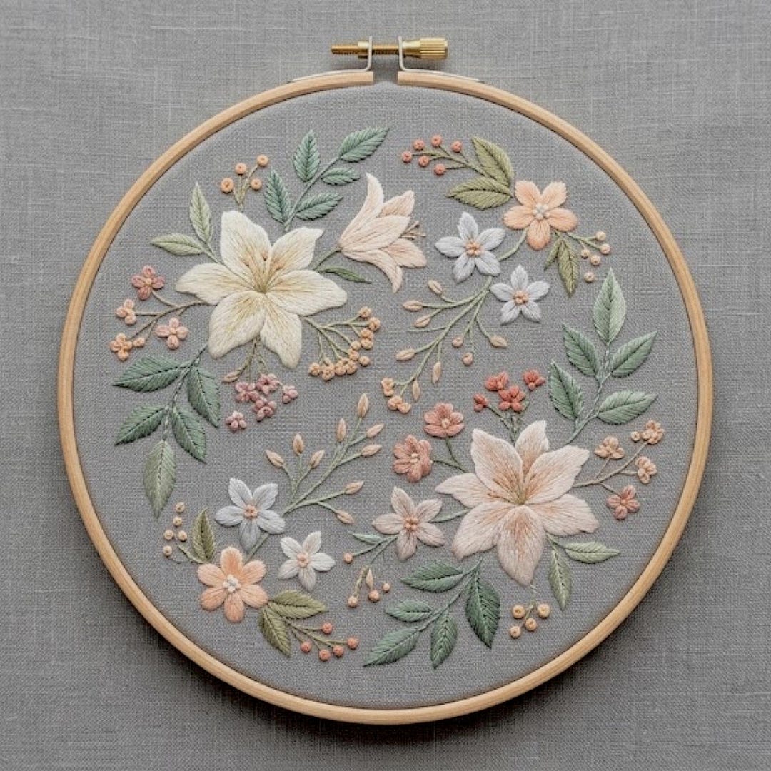 Neutral Floral Wreath Embroidery Pattern, Botanical Hoop Art (digital ...