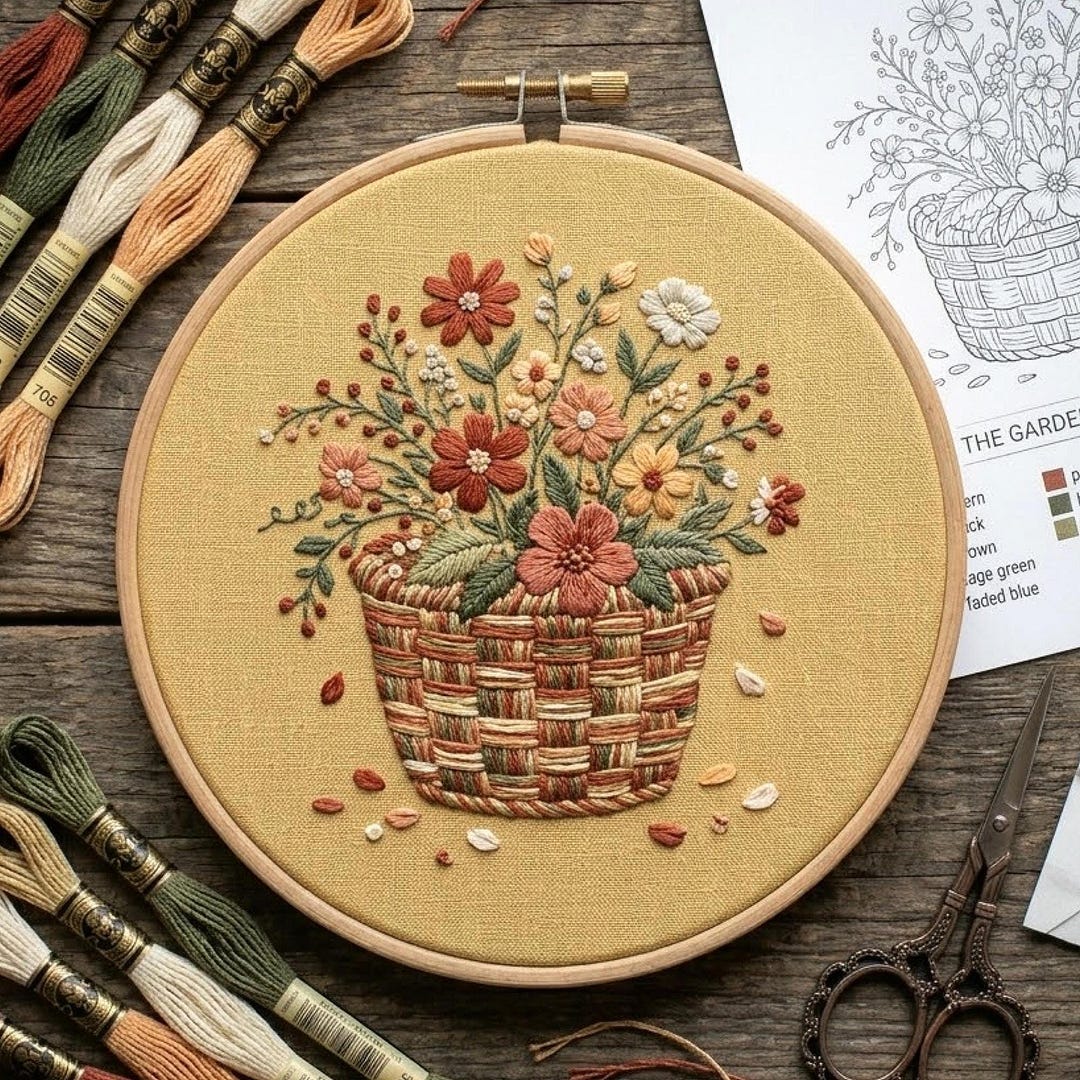 Floral Basket Embroidery Pattern, Cottagecore Woven Hoop Art (digital ...