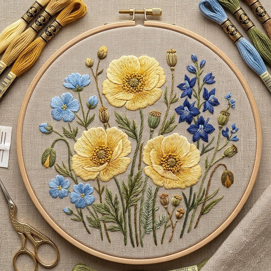 Wildflower Meadow Embroidery Pattern, Blue Yellow Floral Hoop Art (PDF ...