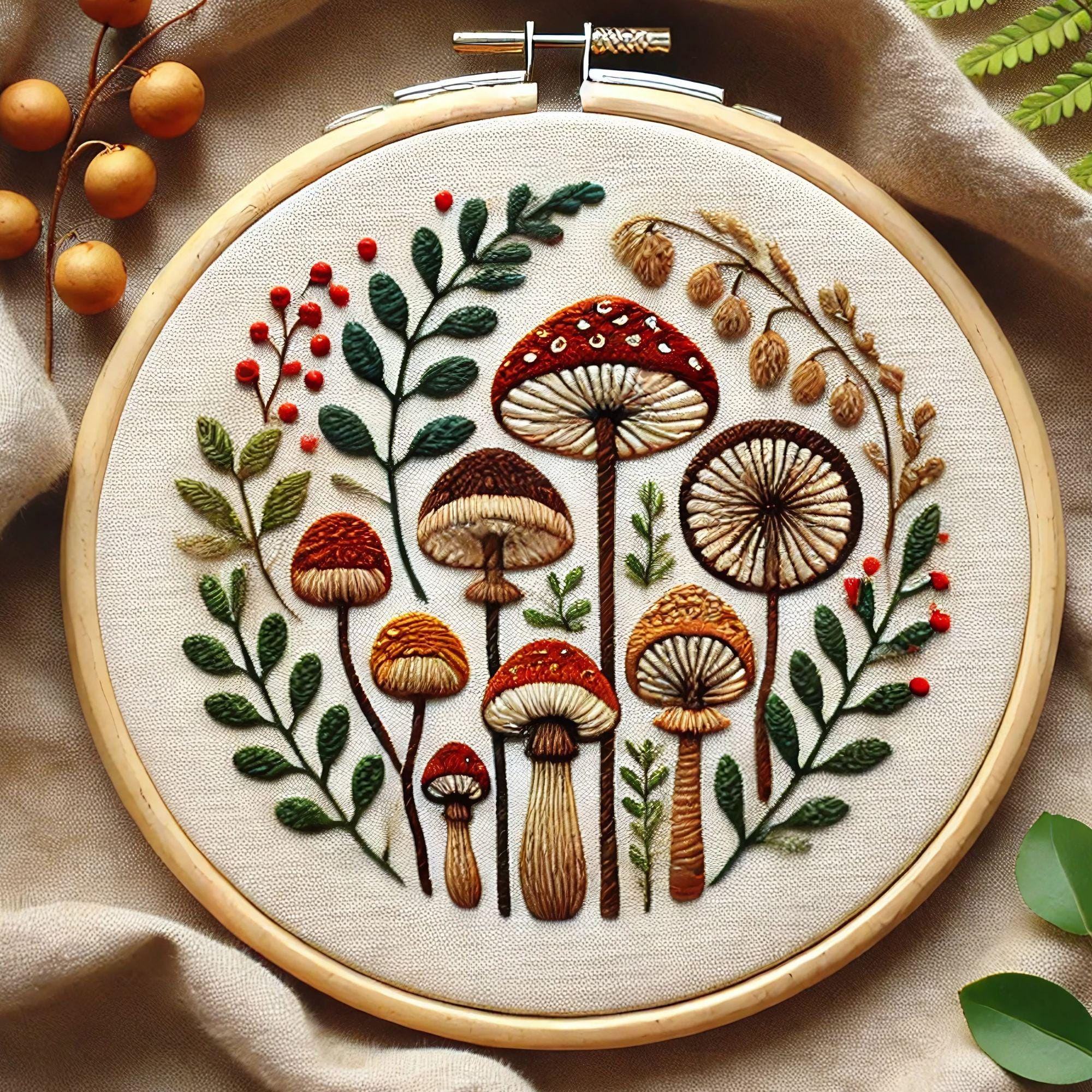 きのこ刺繍キット PDF: 気まぐれな森のデザイン (デジタルダウンロード