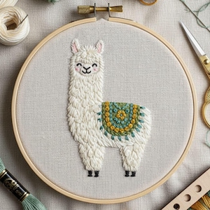 May include: Embroidered llama hoop art. The white llama has a fluffy texture, pink ears, and a smiling face. It wears a colorful blanket with teal, yellow, and gold details. The embroidery is set in a wooden hoop, perfect for wall decor.