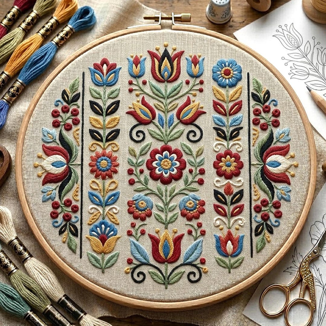 Scandinavian Folk Art Embroidery Pattern, Nordic Floral Hoop Art ...